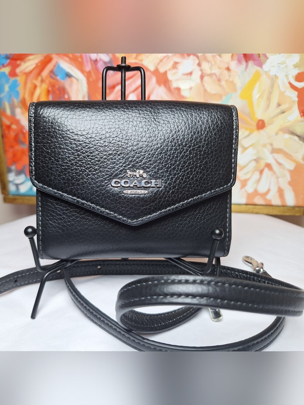 COACH Mini Envelope Wallet With Strap Bag Black Pebbled Leather Crossbody EUC